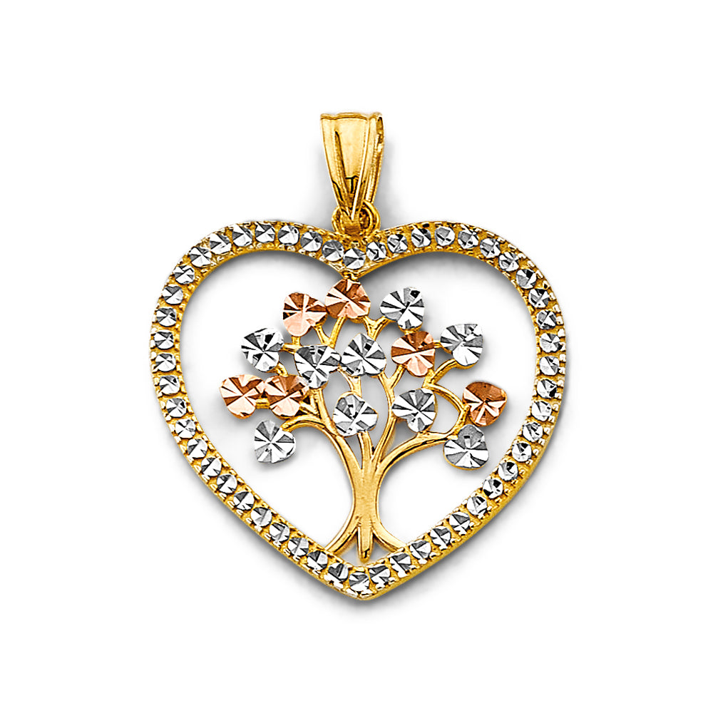 14K Yellow White Rose Gold CZ Heart Tree Of Life Pendant