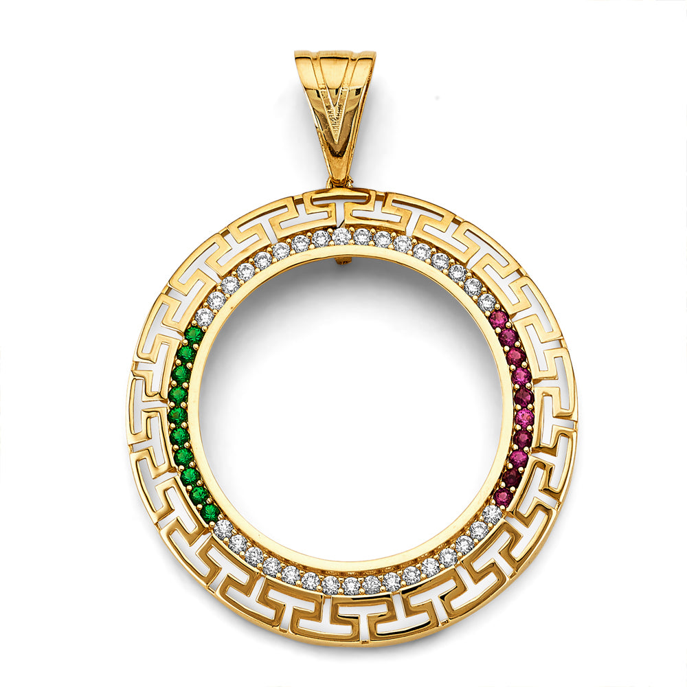 14K Yellow Gold CZ Greek Coin Frame (50 Pesos)