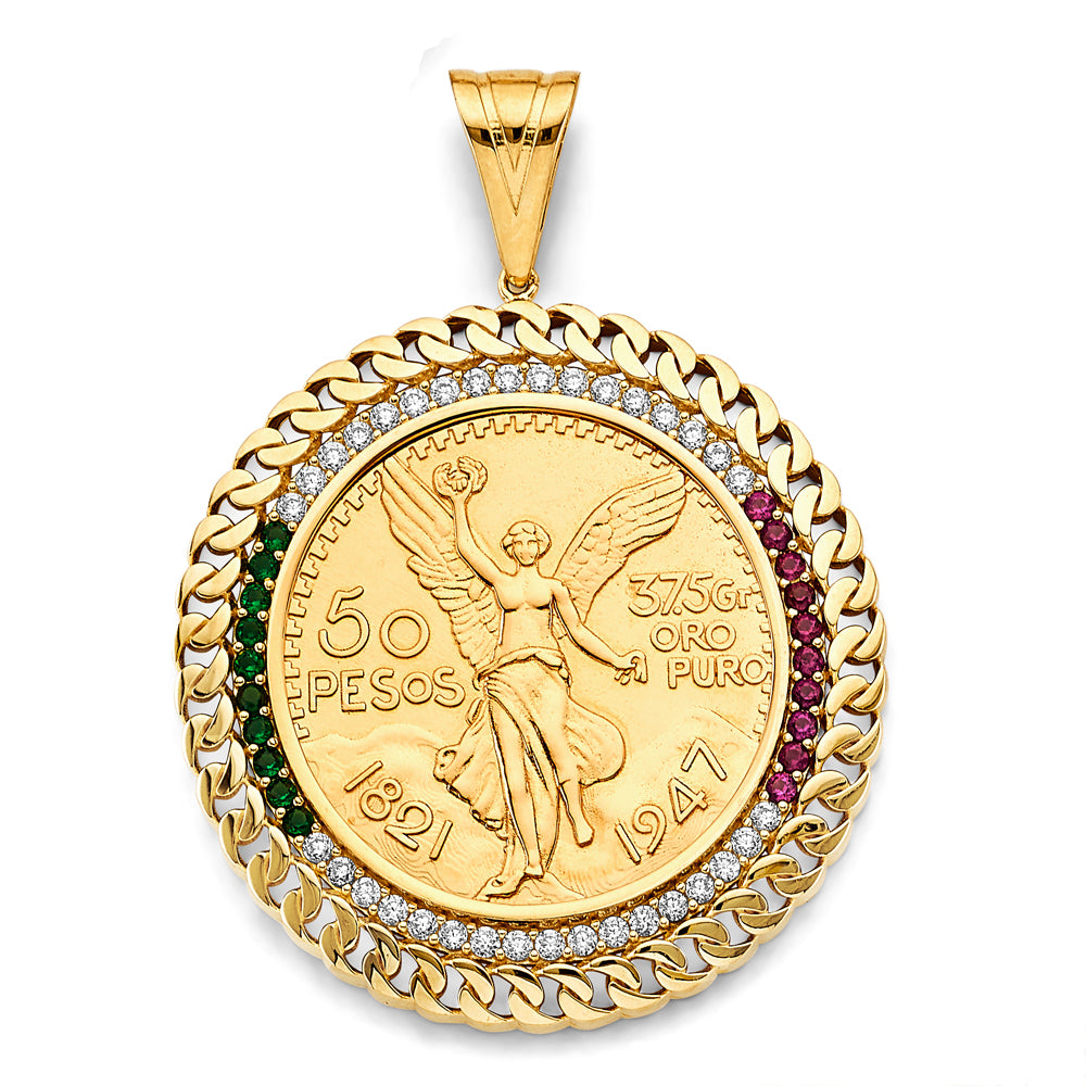 14K Yellow Gold CZ Link Frame W/ Coin (50 Pesos)