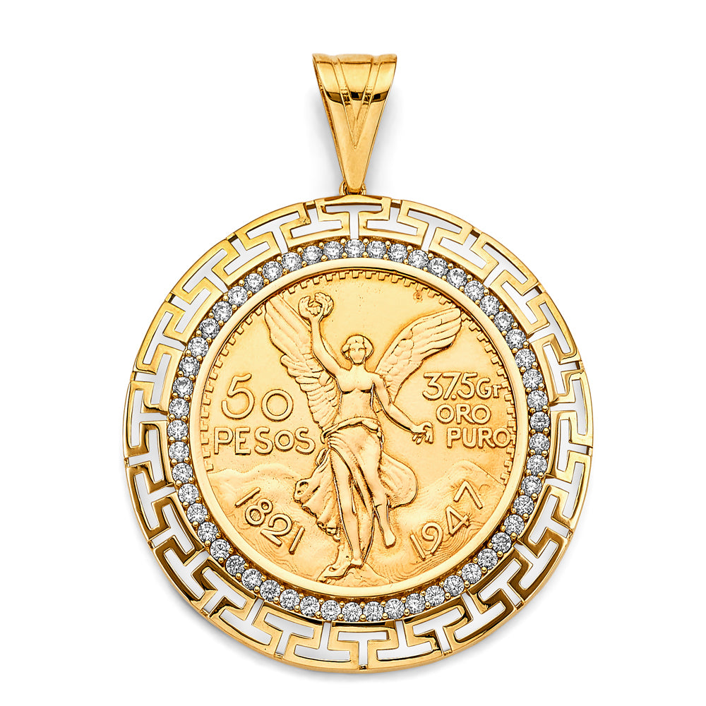 14K Yellow Gold CZ Greek Frame W/ Coin (50 Pesos)