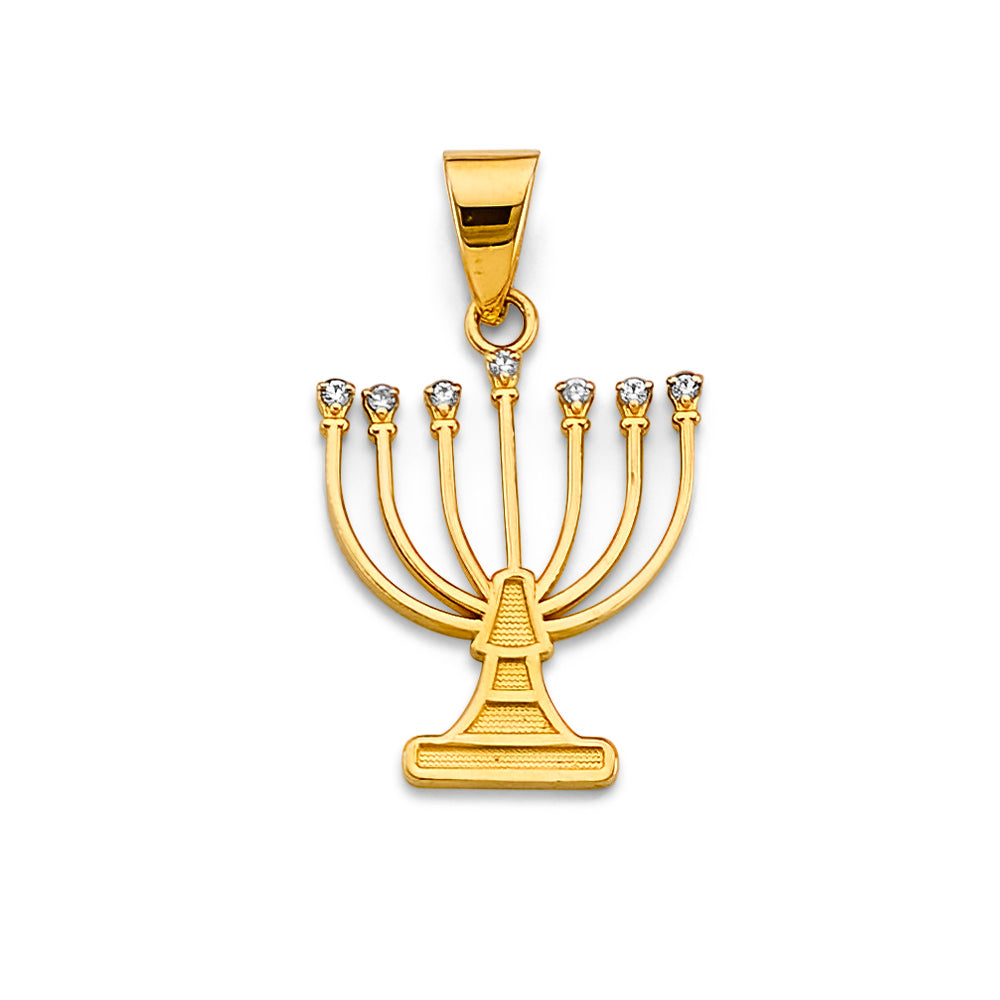 14K Yellow Gold CZ Menora Pendant