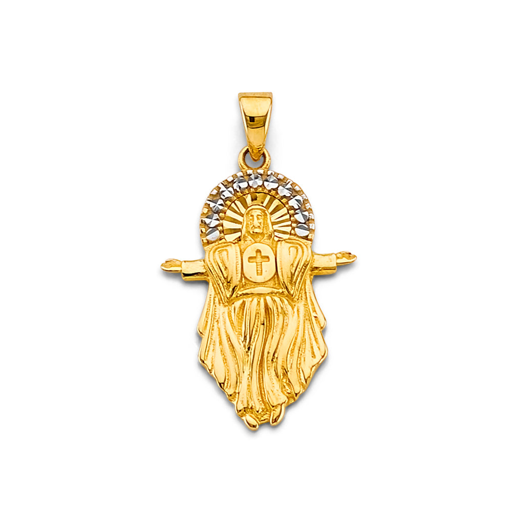 14K Two Tone Gold CZ Jesus Open Arms Pendant