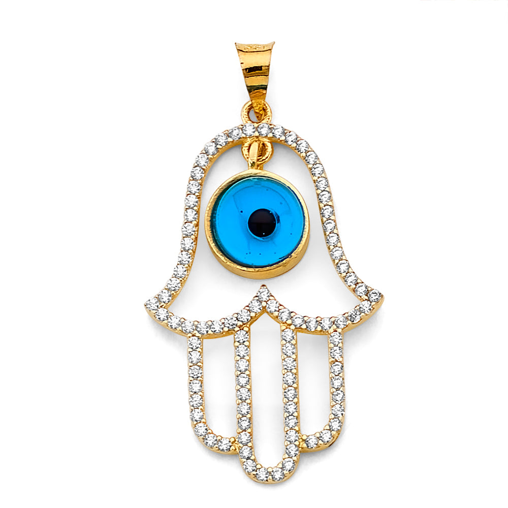 14K Two Tone Gold CZ Hamsa Hand W/ Evil Eye Pendant