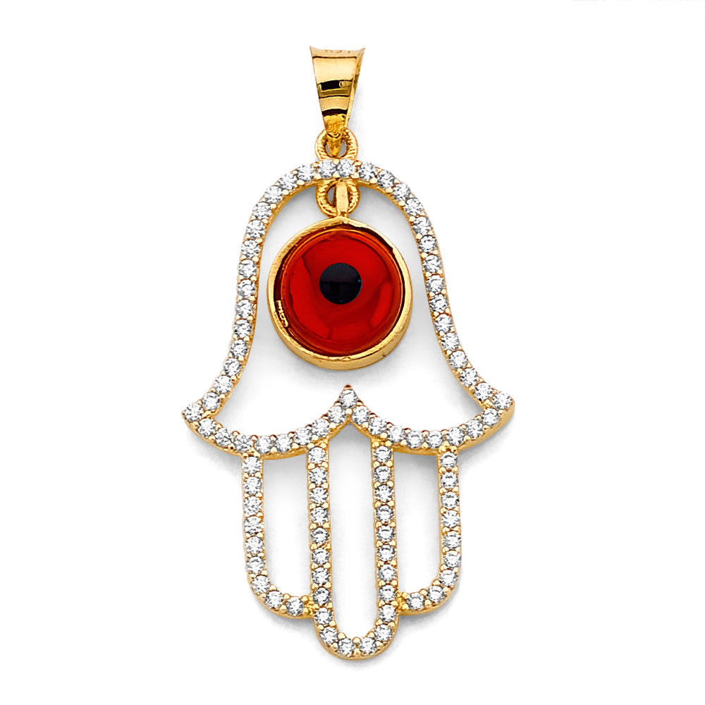 14K Two Tone Gold CZ Hamsa Hand W/ Evil Eye Pendant
