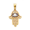 14K Yellow Gold CZ Hamsa Hand W/ Evil Eye Pendant