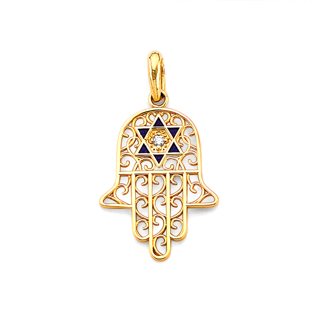 14K Yellow Gold Enamel Hamsa Hand Pendant