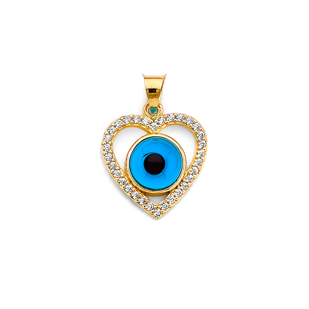 14K Two Tone Gold Heart Evil Eye Pendant
