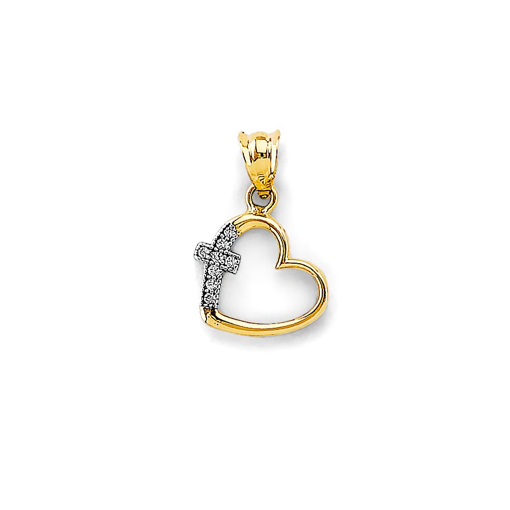 14K Two Tone Gold CZ Heart W/ Cross Pendant