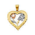 14K Yellow White Rose Gold Heart W/ Flower & Butterfly Pendant