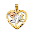 14K Yellow White Rose Gold Heart W/ Flower & Bird Pendant