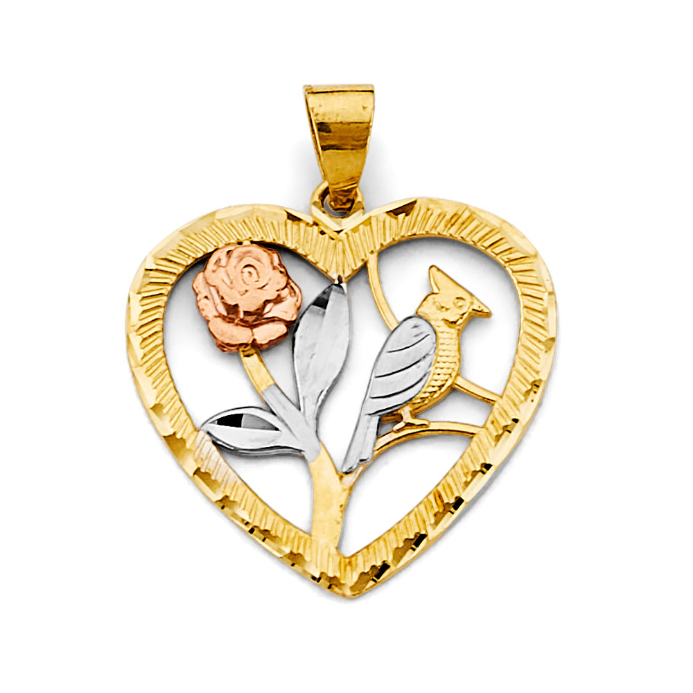 14K Yellow White Rose Gold Heart W/ Flower & Bird Pendant