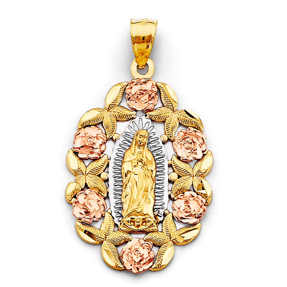 14K Yellow White Rose Gold Flower Guadalupe Pendant