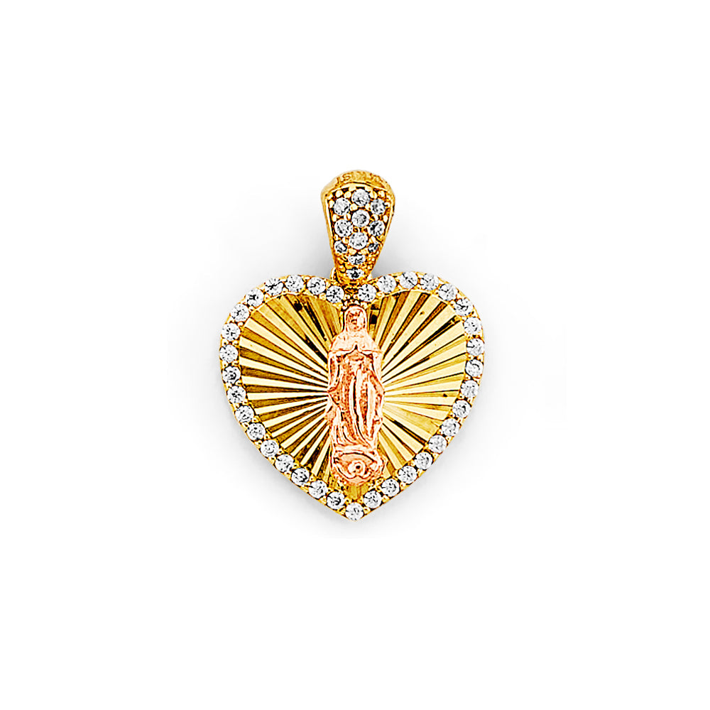 14K Yellow White Rose Gold CZ Heart Guadalupe Pendant