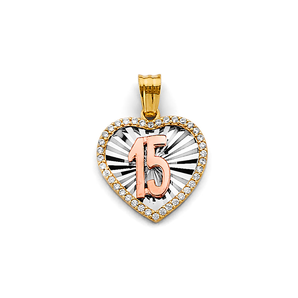 14K Yellow White Rose Gold CZ Heart 15 Years Pendant