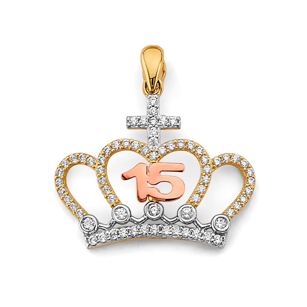 14K Yellow White Rose Gold CZ Crown 15 Years Pendant