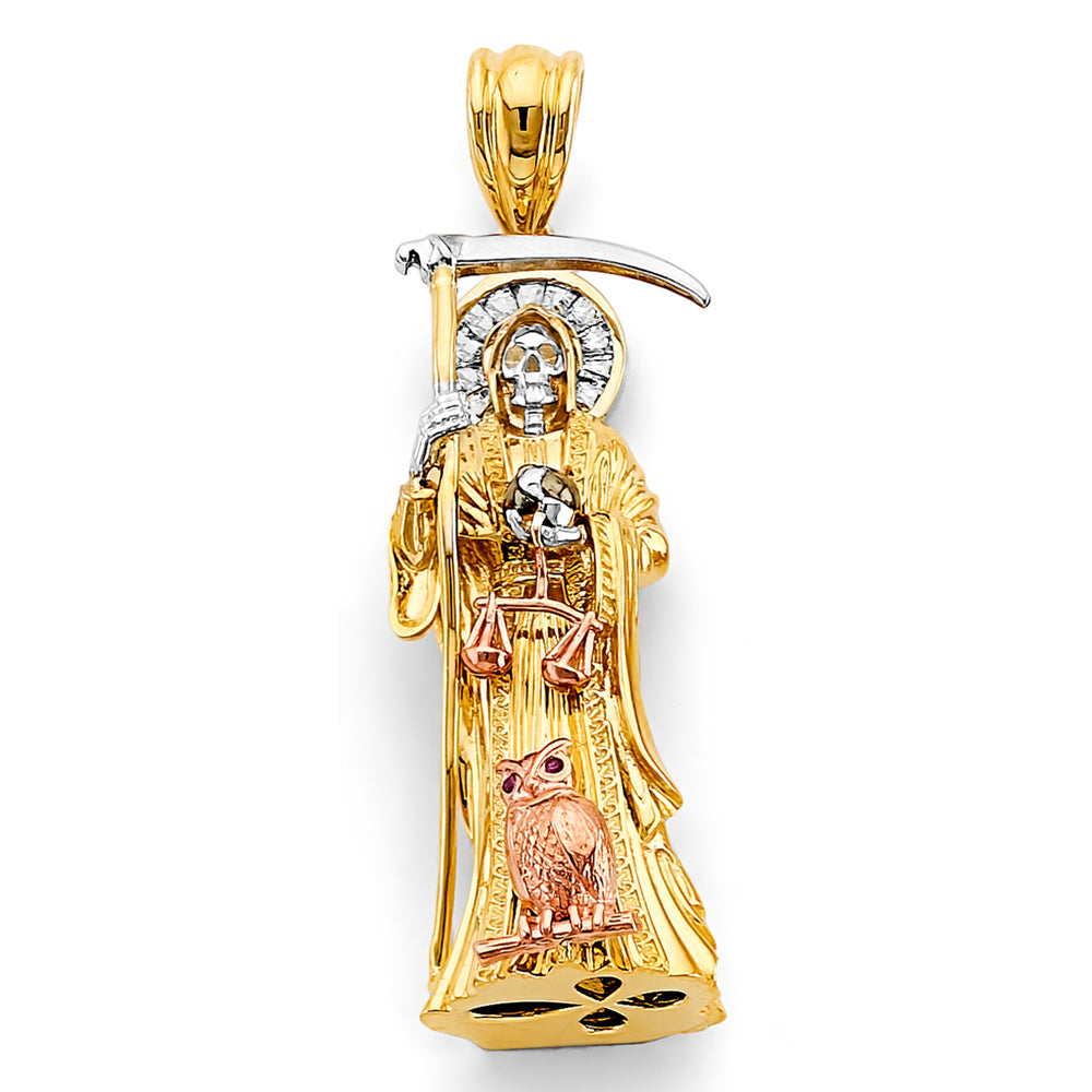 14K Yellow White Rose Gold CZ Santa Muerte 3D Pendant