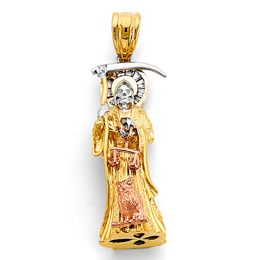 14K Yellow White Rose Gold CZ Santa Muerte 3D Pendant