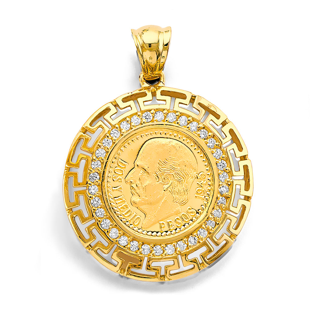 14K Yellow Gold CZ Greek 2.5 Pesos Coin Pendant / Set
