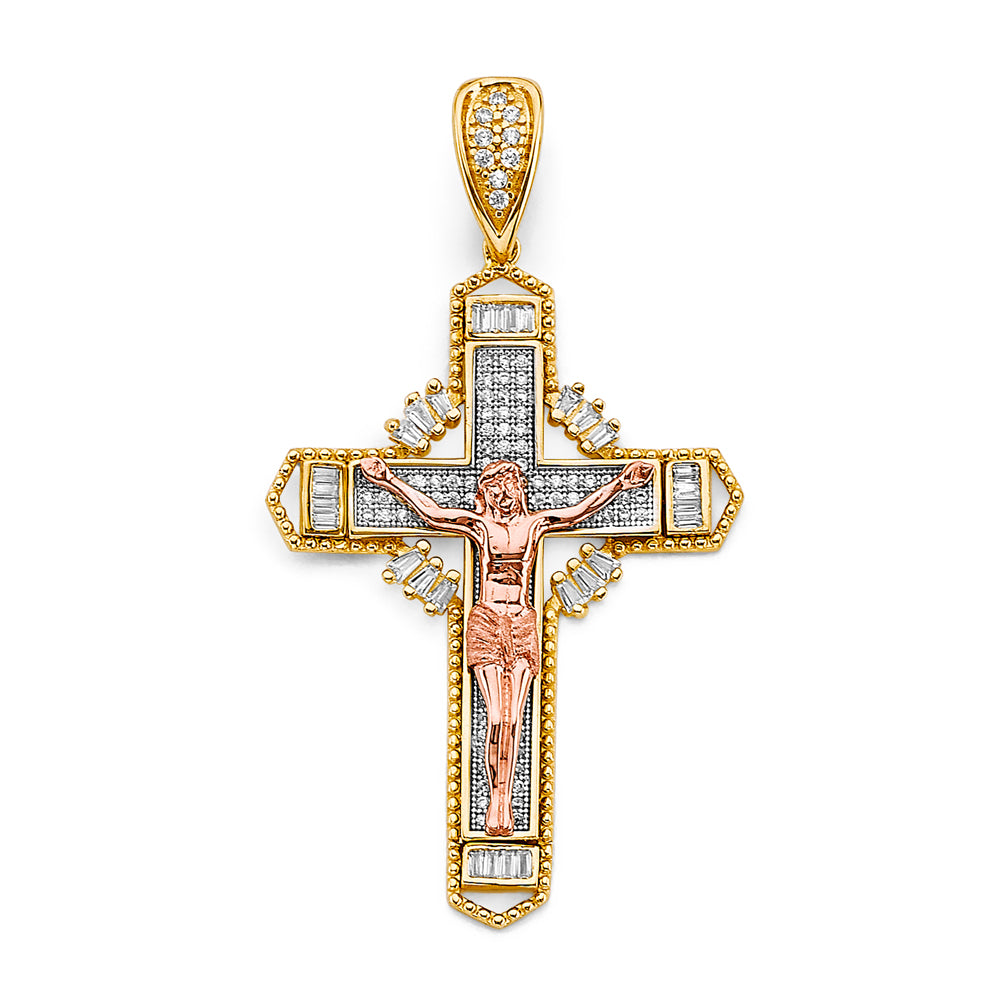 14K Yellow White Rose Gold CZ Crucifix Cross Pendant