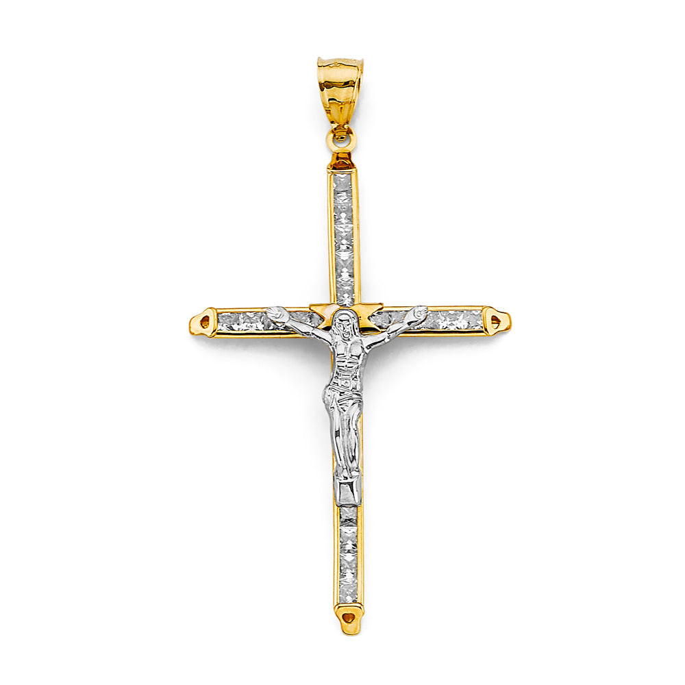 14K Two Tone Gold CZ Crucifix Cross Pendant