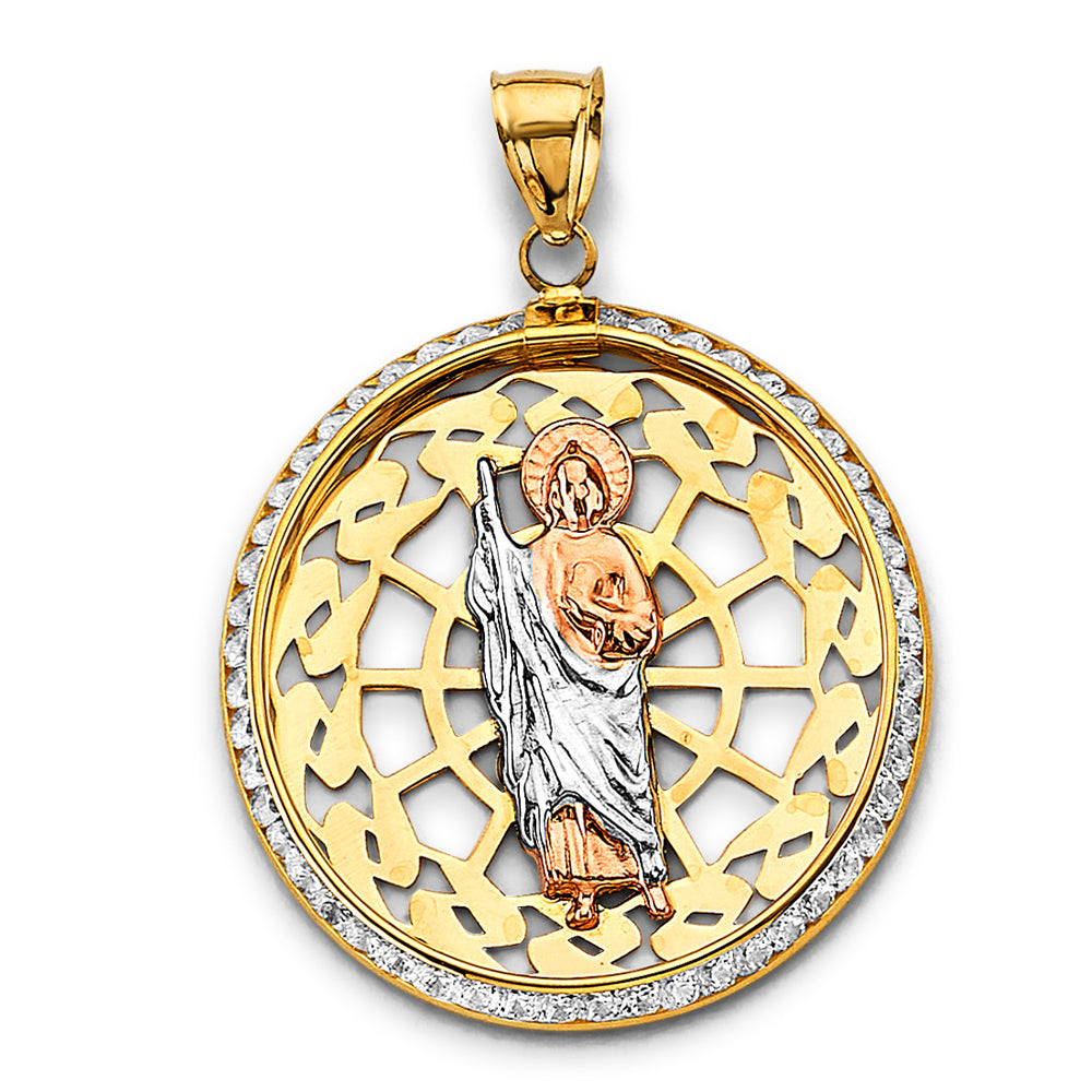 14K Yellow White Rose Gold CZ Round St. Jude Thaddeus Pendant