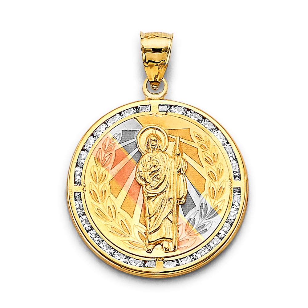 14K Yellow White Rose Gold CZ Round St. Jude Thaddeus Pendant