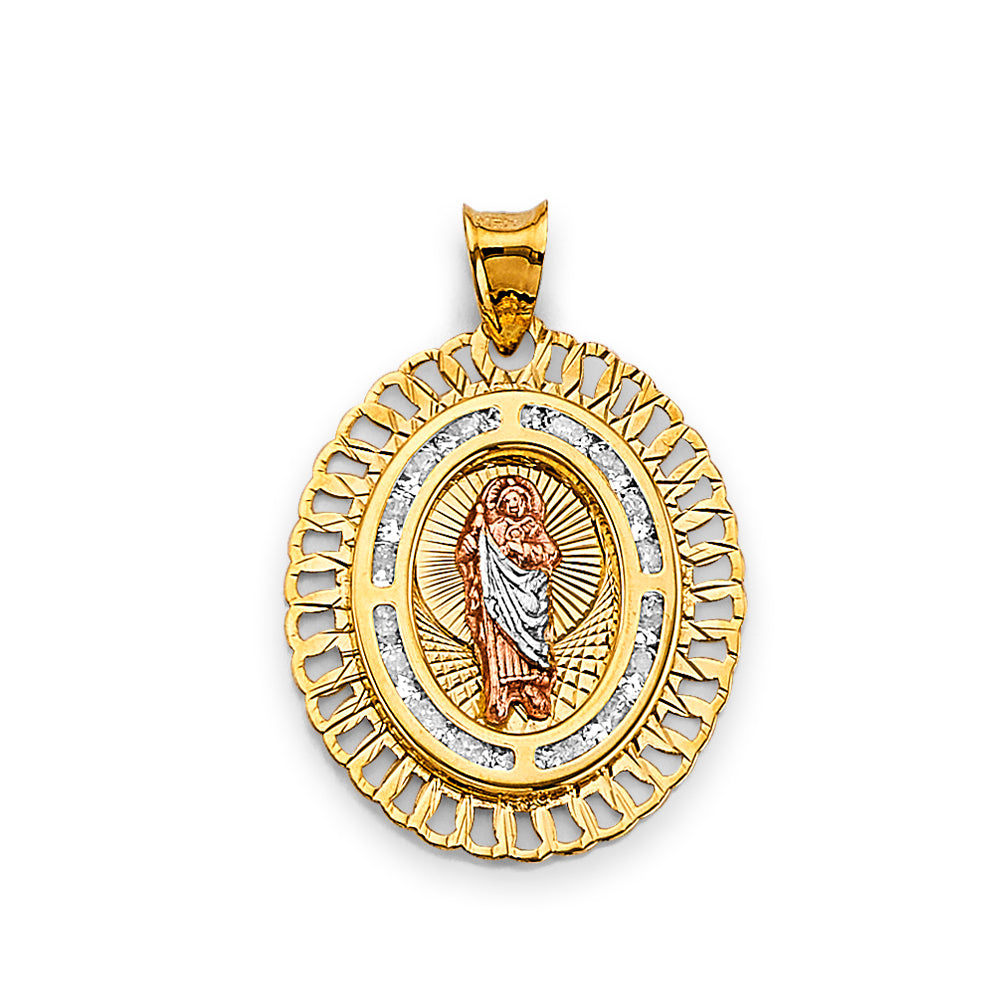 14K Yellow White Rose Gold CZ Oval St. Jude Thaddeus Pendant