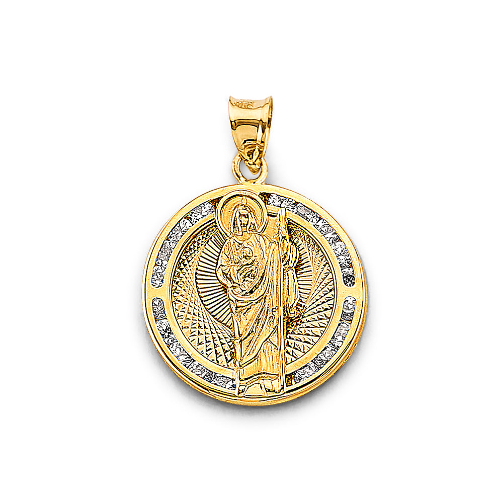 14K Two Tone Gold CZ Round St. Jude Thaddeus Pendant