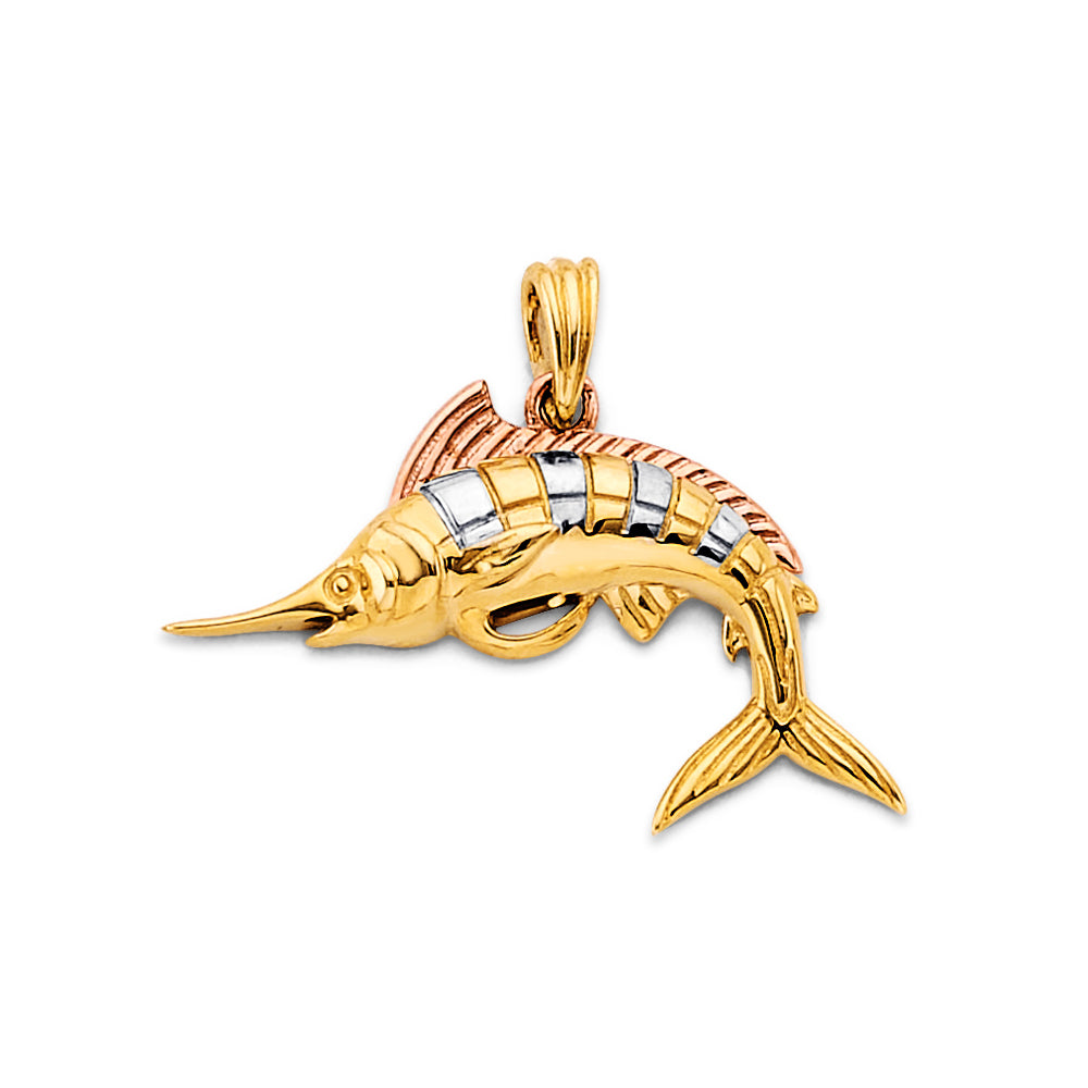 14K Yellow White Rose Gold Marlin Fish Pendant