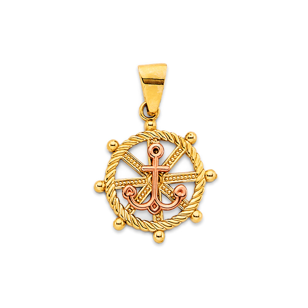 14K Two Tone Gold Wheel & Anchor Pendant