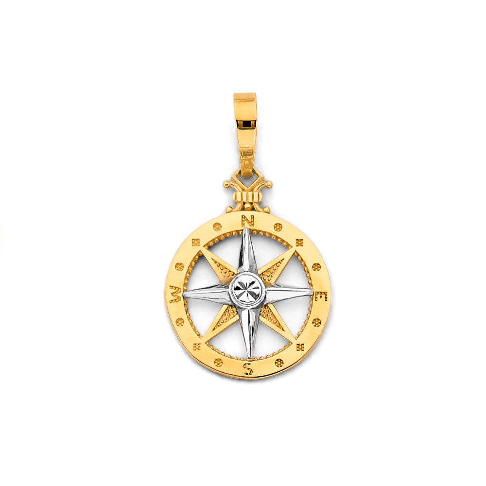 14K Two Tone Gold CZ Compass Pendant