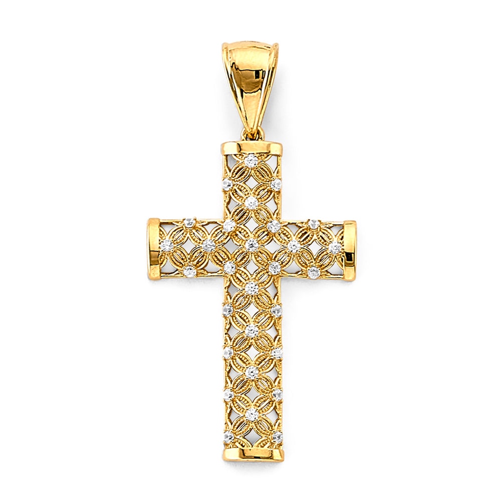 14K Two Tone Gold CZ Cross Pendant
