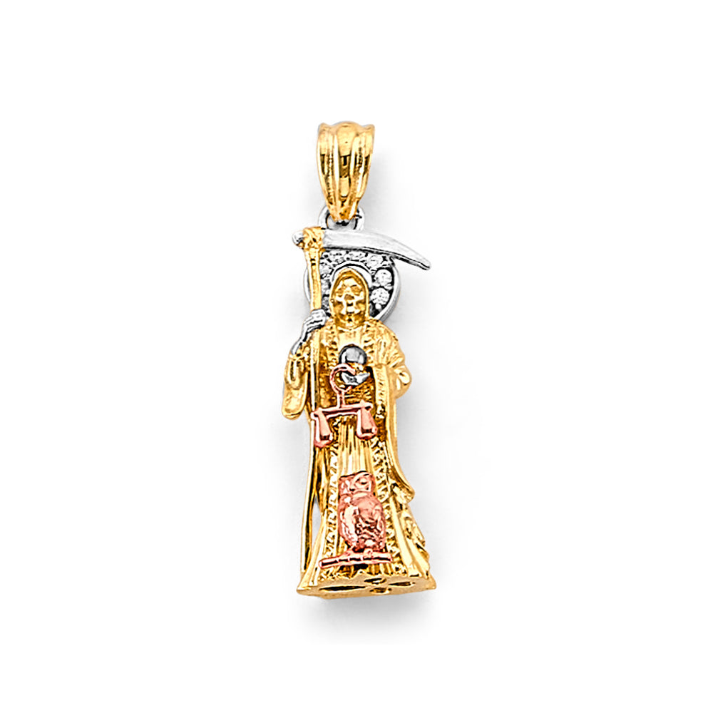 14K Yellow White Rose Gold CZ 3D Santa Muerte Pendant