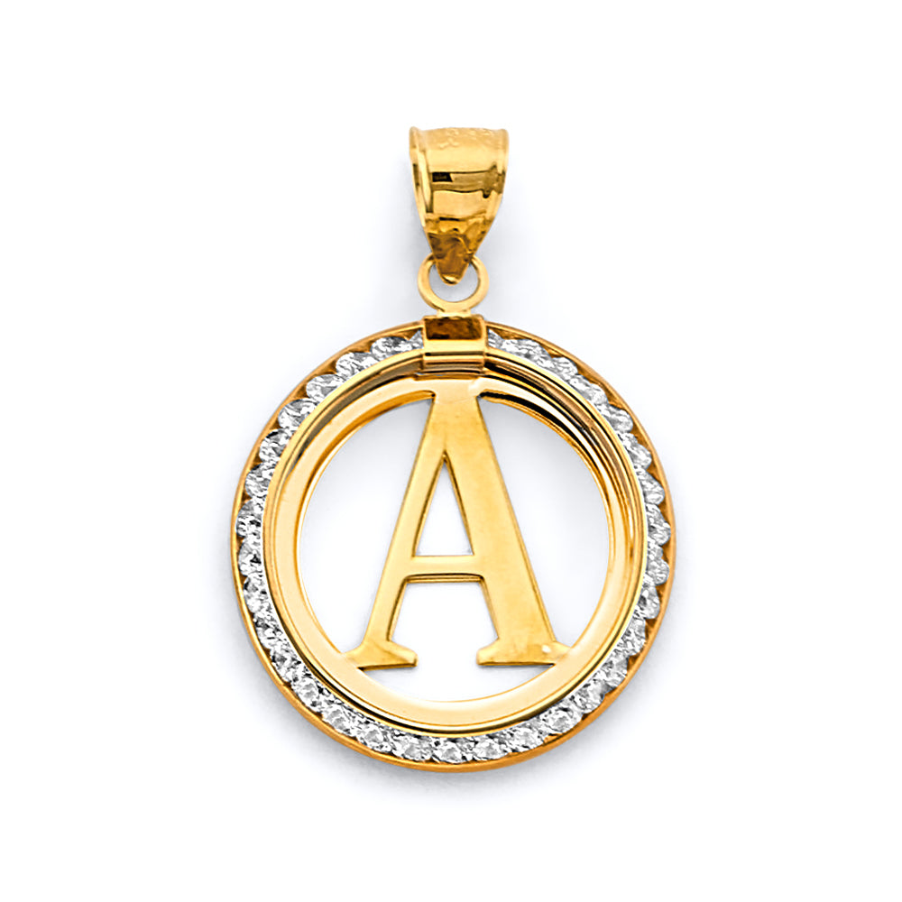 14K Yellow Gold CZ Round Initial Pendant (Letter A - Z)