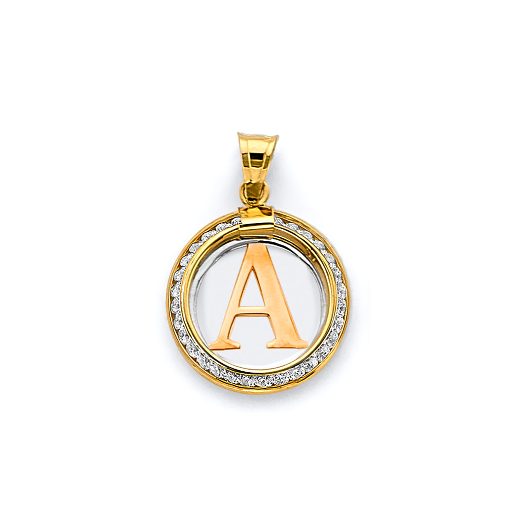 14K Two Tone Gold CZ Round Initial Pendant (Letter A - Z)