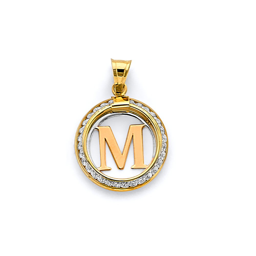 14K Two Tone Gold CZ Round Initial Pendant (Letter A - Z)