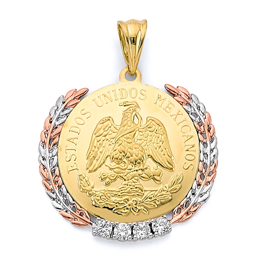 14K Yellow White Rose Gold CZ Framed Medal Coin Pendant
