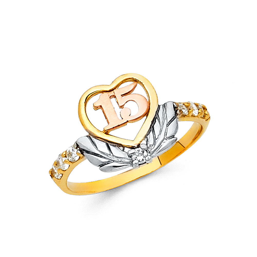 14K Yellow White Rose Gold 15 Yrs CZ Rings (RG660)