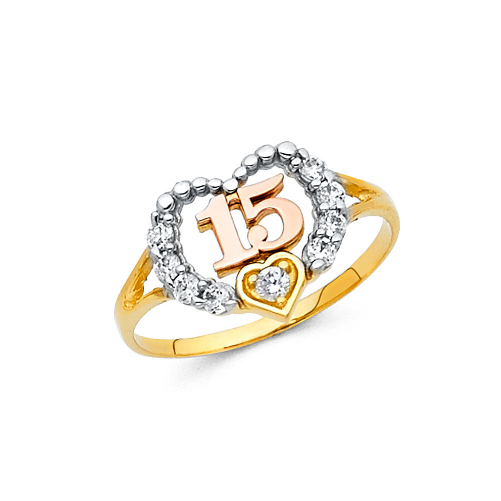 14K Yellow White Rose Gold 15 Yrs CZ Rings (RG663)