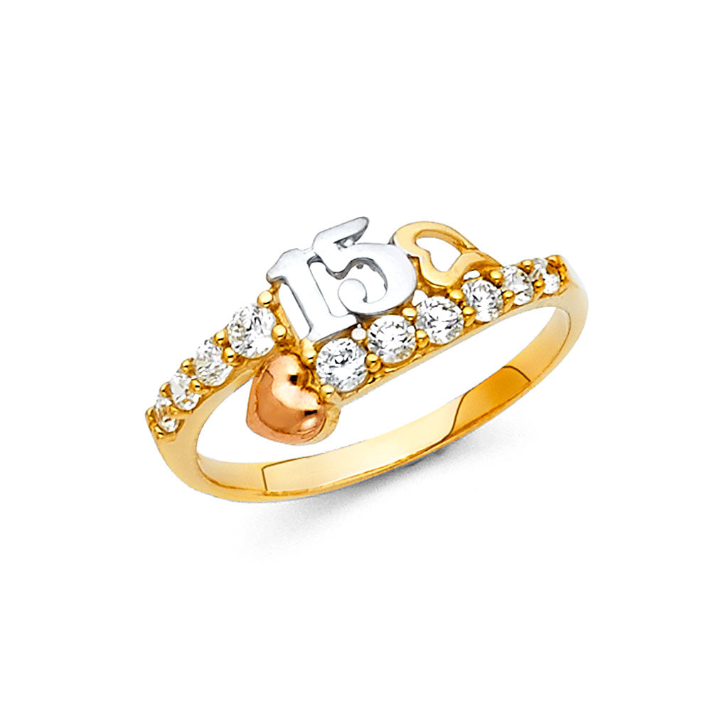 14K Yellow White Rose Gold 15 Yrs CZ Rings (RG665)