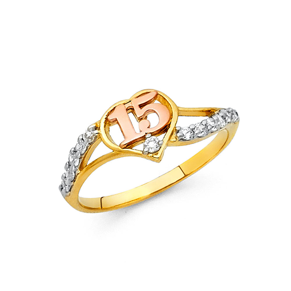 14K Yellow White Rose Gold 15 Yrs CZ Rings (RG666)