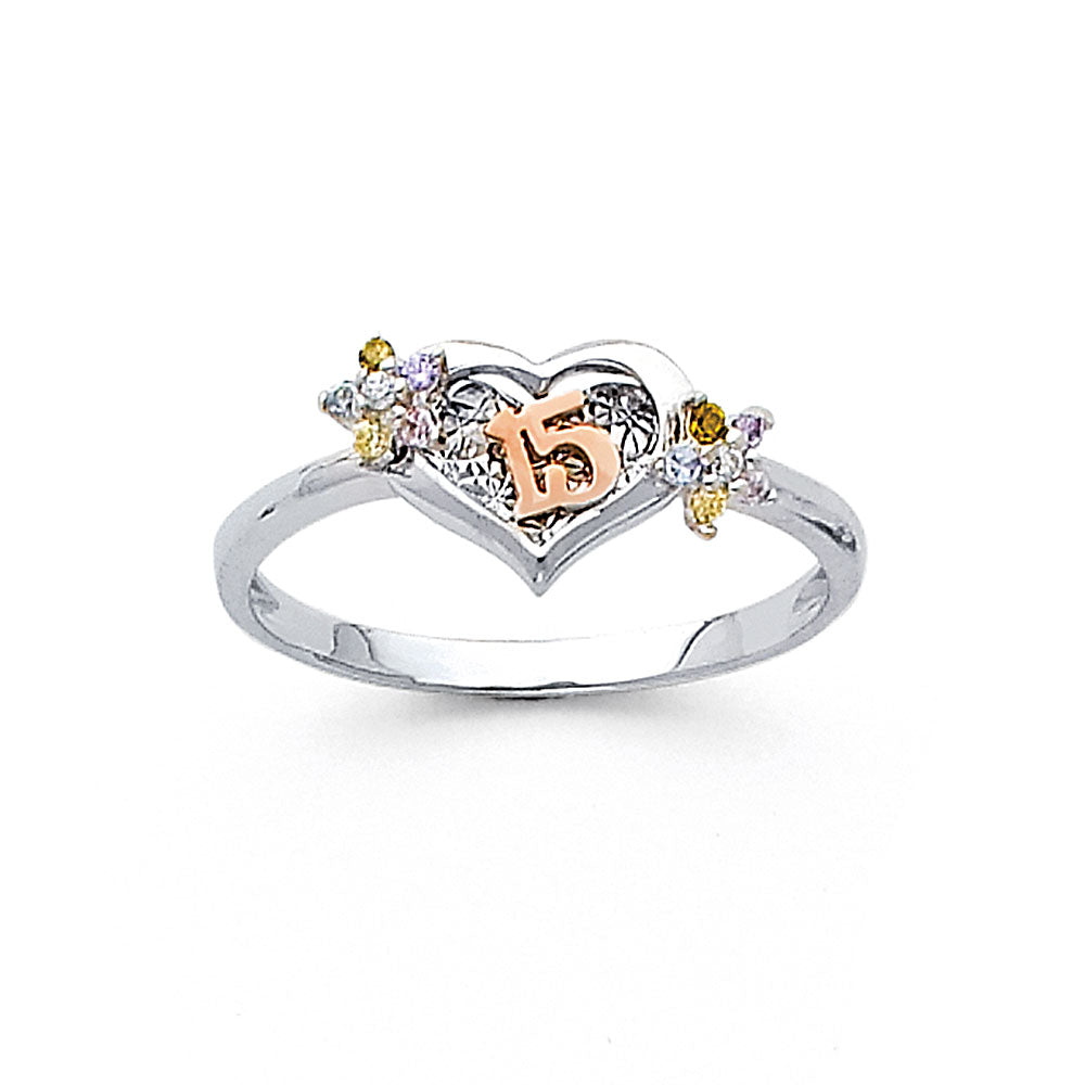 14K White Gold 15 Yr Heart CZ Ring (RG685)