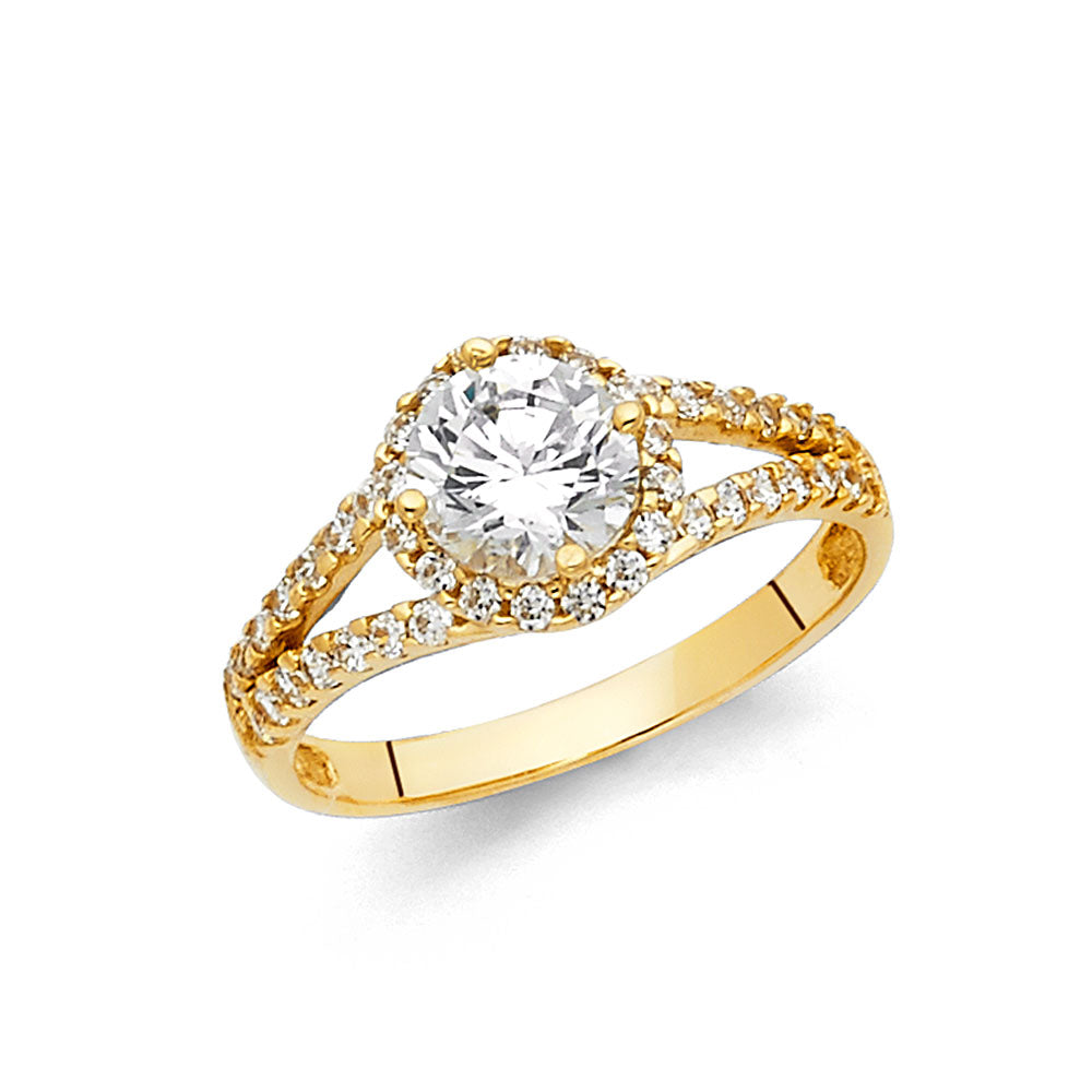 14K Yellow Gold Round CZ Engagement Ring W/Rd Side