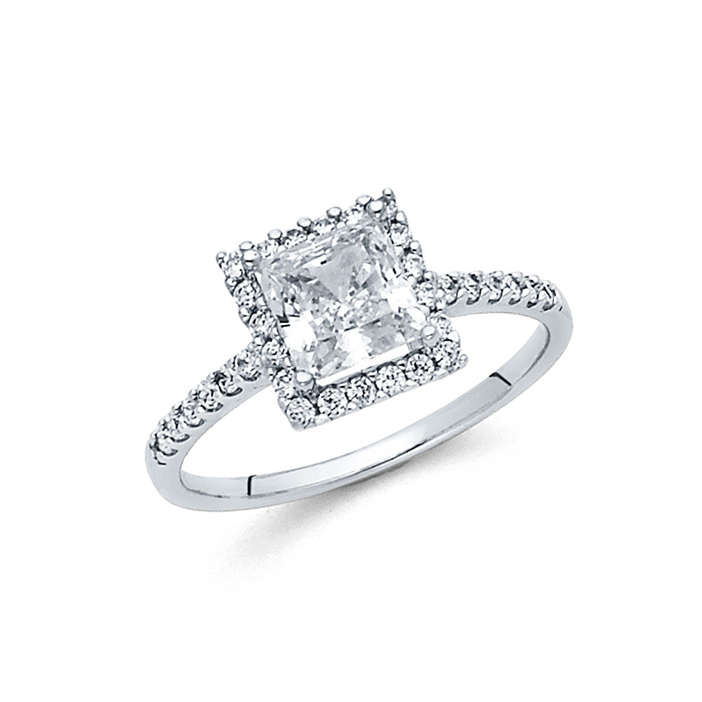 14K White Gold Princess CZ Engagement Ring W/Rd Side