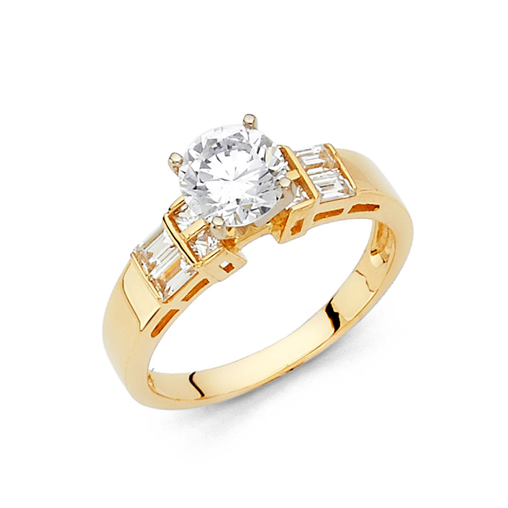 14K Yellow Gold Round CZ Engagement Ring W/Pr Ba Side
