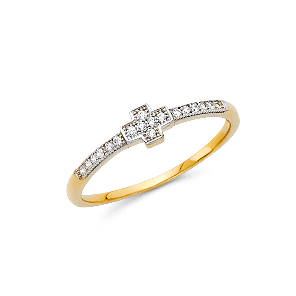 14K Two Tone Gold Cross CZ Ring