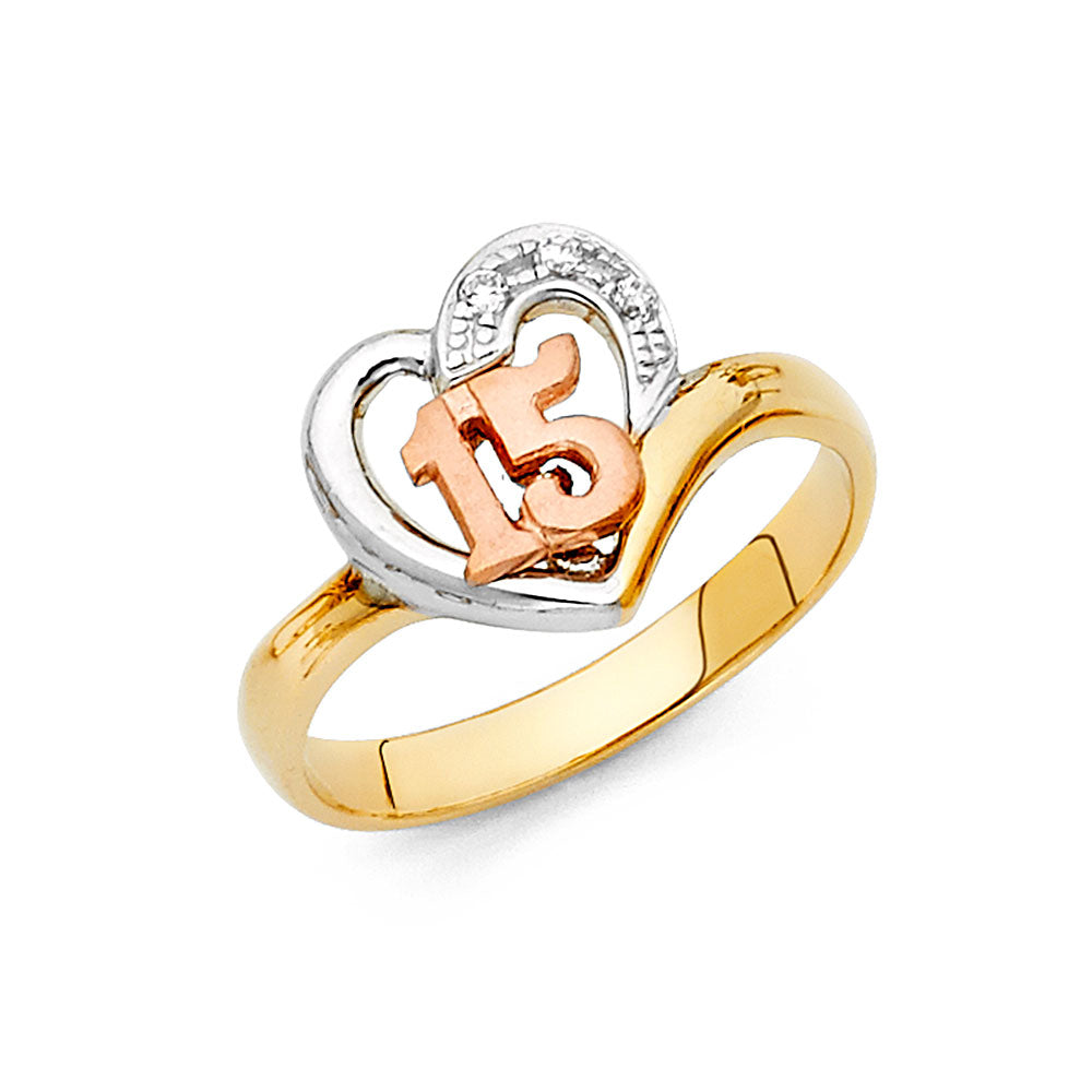 14K Yellow White Rose Gold 15 Years Heart CZ Ring