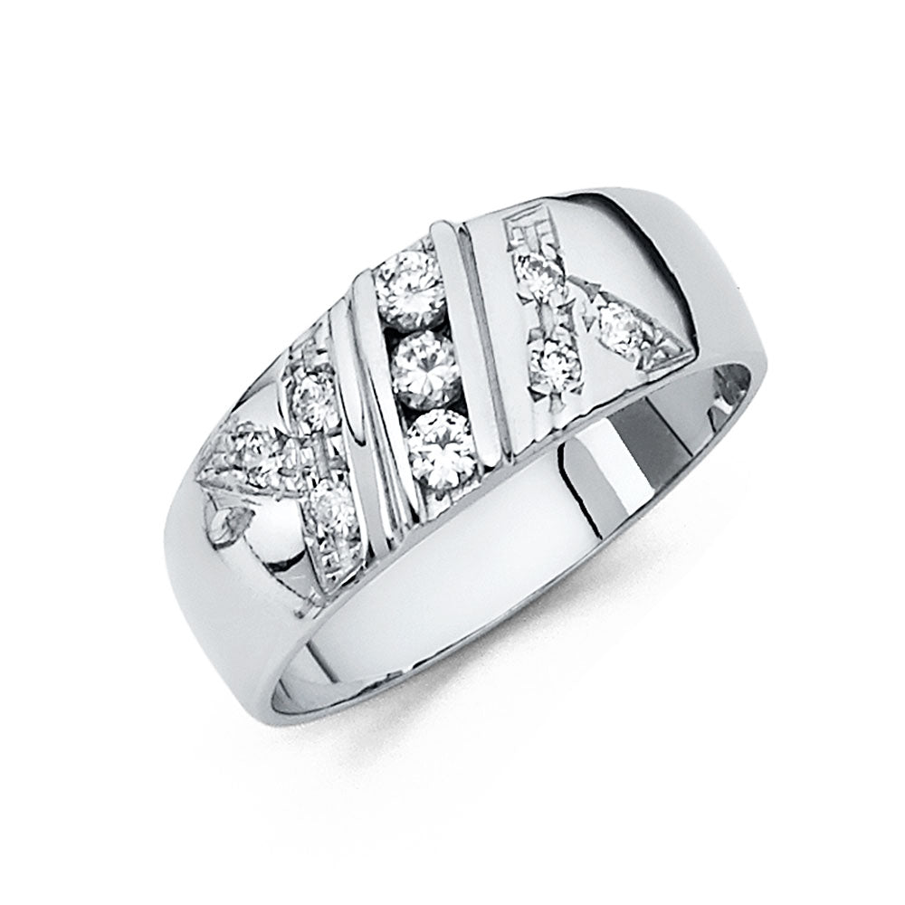 14K White Gold CZ Mens Wedding Band