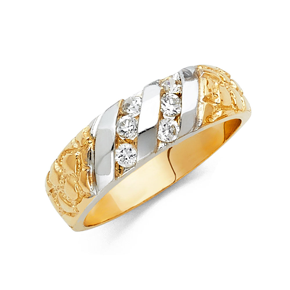 14K Two Tone Gold CZ Mens Wedding Band
