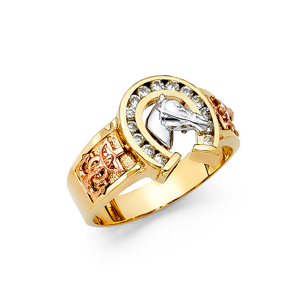 14K Yellow White Rose Gold CZ Lucky Horse Shoe Mens Ring